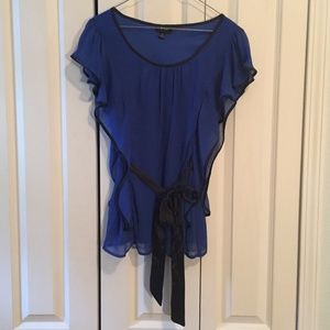 Royal Blue Blouse with Black Ribbon Tie